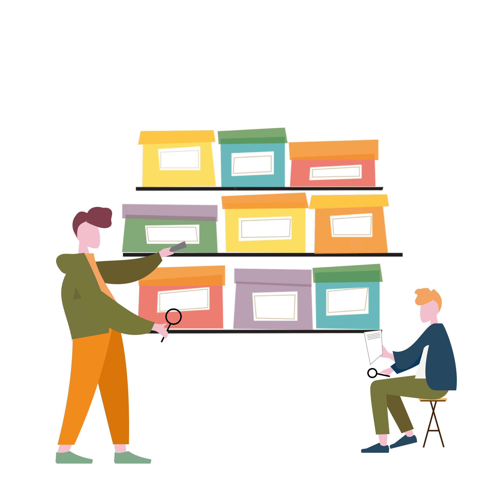 people magnifying the bookshelf